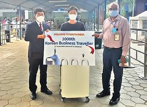 Dy Consul General of S. Korea in Chennai welcoming the passenger | Express