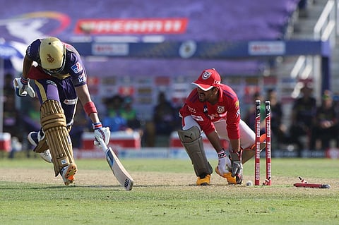 Shubman Gill of Kolkata Knight Riders run out during match 24 of season 13 of the Dream 11 Indian Premier League (IPL) between the Kings XI Punjab and the Kolkata Knight Riders (Photo | www.ipl.com)