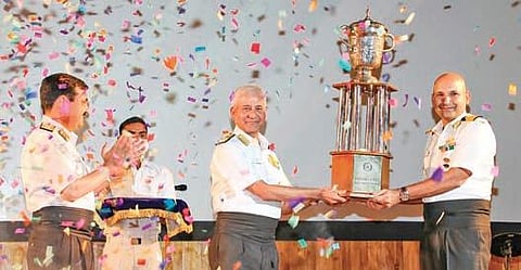 Trophy of best ship being awarded to INS Sahyadri among capital ships at fleet award function organised by the Eastern Fleet in Vizag on Saturday. (Photo | EPS)