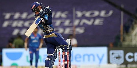 Quinton de Kock of Mumbai Indians plays a shot against the Delhi Capitals. (Photo | ANI)
