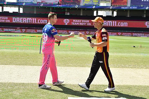 Rajashan Royals Captain Steven Smith and Sunrisers Hyderabad Captain David Warner at the toss ahead of the match (Photo | www.ipl.com)