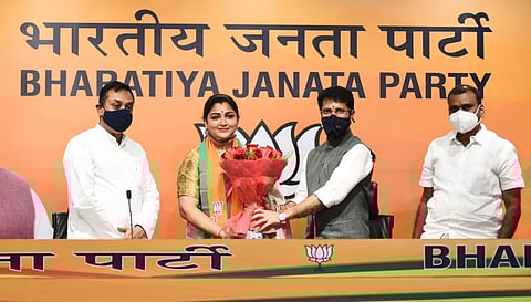Actor-turned politician Khushbu join BJP in the presence of Tamil Nadu state BJP President L Murugan and BJP National Gen Sec CT Ravi at BJP headquarters in New Delhi. (Photo | Parveen Negi, EPS)