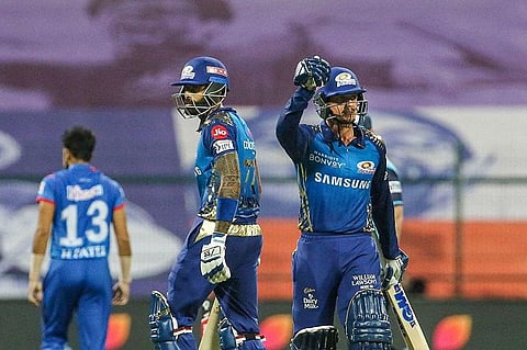 Mumbai Indians (MI) batsman Quinton de Kock gestures after scoring a half century during Indian Premier League (IPL) cricket match against Delhi Capitals (DC). (Photo | PTI)