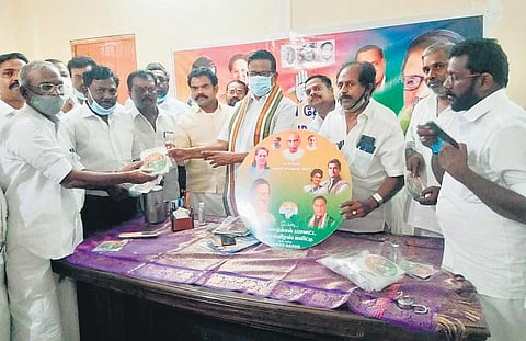 Tamil Nadu Congress Committee president KS Alagiri releasing the new collection of election campaign songs for the party in Cuddalore on Saturday | Express