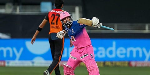 Rajasthan Royals batsman Rahul Tewatia celebrates after wining the match against Sunrisers Hyderabad. (Photo | PTI)