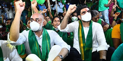 TDP general secretary Nara Lokesh participates in a protest in Amaravati on Monday against the move to shift the State capital. (Photo | EPS)