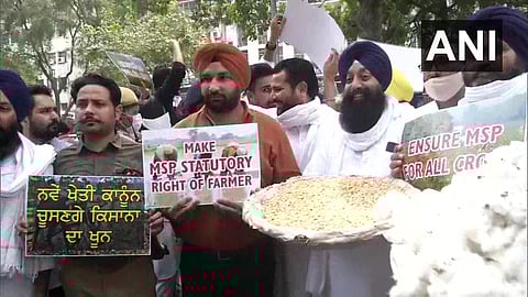 Akali members protesting new farm laws in Delhi. (Photo| ANI)
