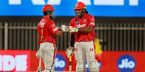 Kings XI Punjab batsmen Chris Gayle and KL Rahul during the match against RCB. (Photo | PTI)
