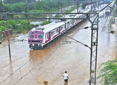 Train submerged in floodwater in Hyderabad.