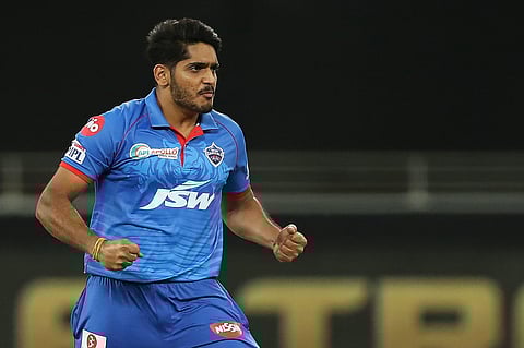 Tushar Deshpande of Delhi Capitals celebrates the wicket of Ben Stokes. (Photo | IPL)