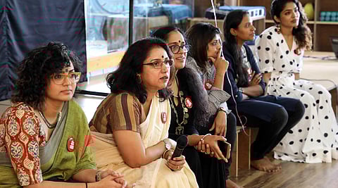 (From Left) Actors Parvathy, Revathy, Sajitha Madathil, Geethu Mohan Das and Rima Kallingal during the one year celebrations of the WCC in Kochi. (File | EPS)