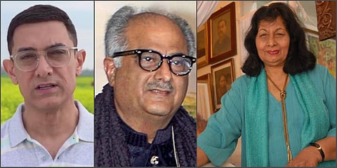(From left) Aamir Khan, Boney Kapoor and late costume designer Bhanu Athaiya. (File photo| PTI and Twitter)