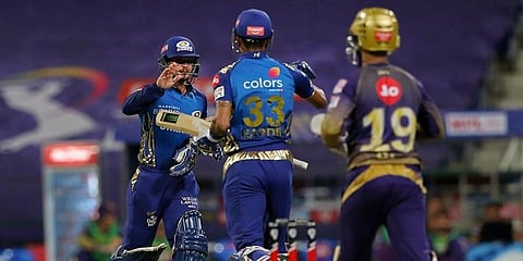 Mumbai Indians batsmen Quinton de Kock and Hardik Pandya celebrates after wining a match against Kolkata Knight Riders. (Photo | PTI)