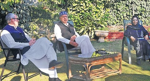 NC chief Farooq Abdullah along with his son Omar and PDP head Mehbooba Mufti during a meeting on the Gupkar Declaration, in Srinagar on Thursday | PTI