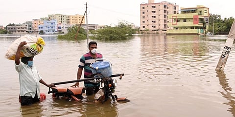 People being evacuated from a rural area at Kakinada in East Godavari district. (Photo| EPS)