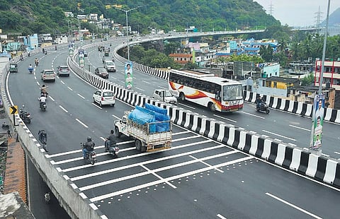 Commuters use the Kanaka Durga flyover after it was inaugurated by Union minister Nitin Gadkari and CM Jagan Mohan Reddy, in Vijayawada on Friday. (Photo | EPS/Prasant Madugula)