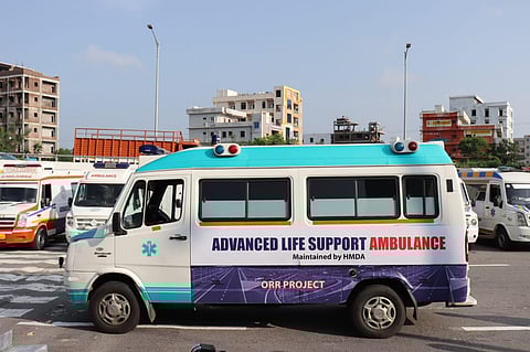 One of the ambulances deployed across the Outer Ring Road in Hyderabad