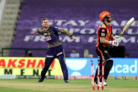 Lockie Ferguson of Kolkata Knight Riders celebrates the wicket of David Warner captain of Sunrisers Hyderabad. (Photo | IPLT20/BCCI)