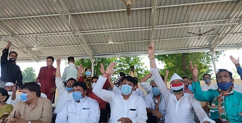 Gujarat Congress workers along with state party chief Amit Chavda were detained here on Friday for holding a protest without permission (Photo | Twitter/ Congress Gujarat)