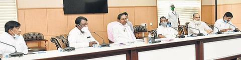 Chief Minister K Chandrasekhar Rao holds a meeting with officials to discuss the strategy to be adopted in the Apex Council meeting, at Pragathi Bhavan in Hyderabad on Thursday