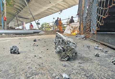 The concrete chunk that fell from the Kanaka Durga flyover in Vijayawada on Monday | Prasant Madugula
