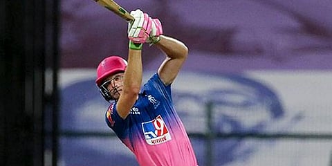 Rajasthan Royals batsman Jos Buttler plays a shot during the IPL 2020 match against Chennai Super Kings at Sheikh Zayed Stadium in Abu Dhabi. (Photo | PTI)