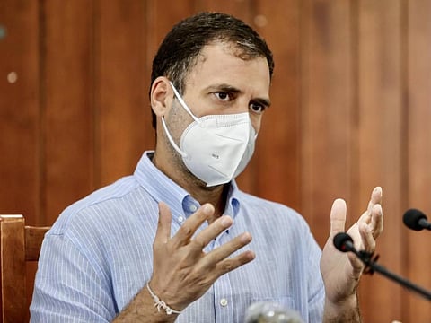 Congress MP Rahul Gandhi addresses the media during a visit to his parliamentary constituency Wayanad. (Photo | PTI)