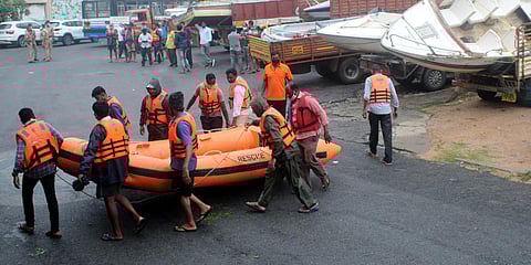 Speed boats are seen for rescue operations during rains in Hyderabad. (Photo| Vinay Madapu, EPS)