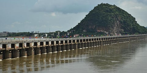Prakasam Barrage looks filled with heavy inflows in Vijayawada. (Photo | Prasant Madugula, EPS)