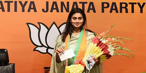 Arjuna awardee Shreyasi Singh joins BJP in presence of party leader Bhupendra Yadav.(Photo| Parveen Negi, EPS)