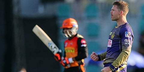 Lockie Ferguson of KKR celebrates a dismissal during the match against SRH. (Photo | ANI)