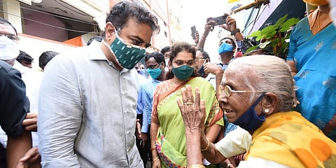 MAUD Minister KT Rama Rao visiting one of the flood-affected areas in Hyderabad on Wednesday. (Photo| EPS)