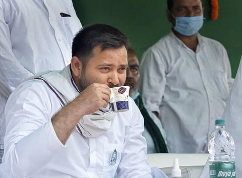 RJD leader Tejashwi Yadav during an election campaign rally ahead of Bihar Assembly Polls in Kaimur district. (Photo | PTI)
