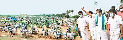 Chief Minister Palaniswami reviewing Kudimaramathu scheme in Pudukkottai on Thursday