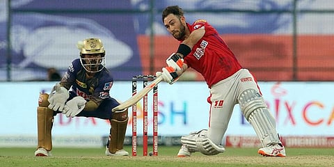 Kings XI Punjab all-rounder Glenn Maxwell plays a shot during an IPL 2020 match against Kolkata Knight Riders. (Photo| ANI)