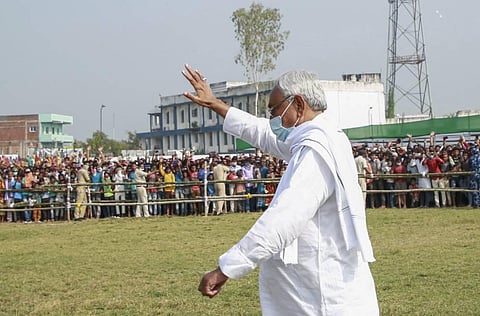 Bihar Chief Minister Nitish Kumar during an election meeting, at Benipur in Darbhanga district, Sunday. (Photo | PTI)