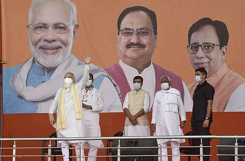 Prime Minister Narendra Modi with Bihar Chief Minister and Janata Dal United President Nitish Kumar and state BJP President Sanjay Jaiswal during an election rally. (Photo | PTI)