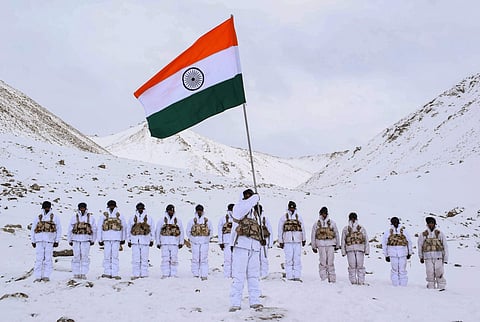 Ladakh Indo Tibetan Border Police ITBP personnel hold the Indian National Flag during the 70th Republic Day celebration in Ladakh region Saturday Jan. 26 2019. (File Photo | PTI)