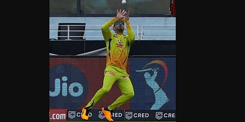 Faf du Plessis of Chennai Super Kings taking a catch during the IPL clash against RCB. (Photo | ANI)