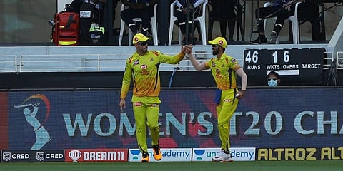 Faf du Plessis of Chennai Super Kings after taking a catch against RCB. (Photo | PTI)