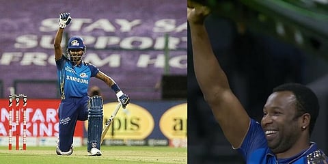 Hardik Pandya takes a knee (L) while his captain Kieron Pollard responds (Photos | ANI, RR Twitter)
