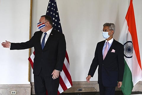 U.S. Secretary of State Mike Pompeo, left, and Indian Foreign Minister Subrahmanyam Jaishankar arrive to attend their meeting in Tokyo, Tuesday, Oct. 6, 2020. (Photo | AP)