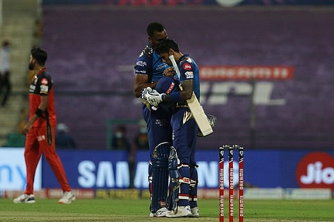 Surya Kumar Yadav of Mumbai Indians and Kieron Pollard captain of Mumbai Indians after winning the match. (Photo | IPL)