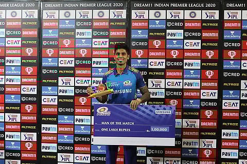 Surya Kumar Yadav of Mumbai Indians receives the Man of the match during the presentation. (Photo | IPL)