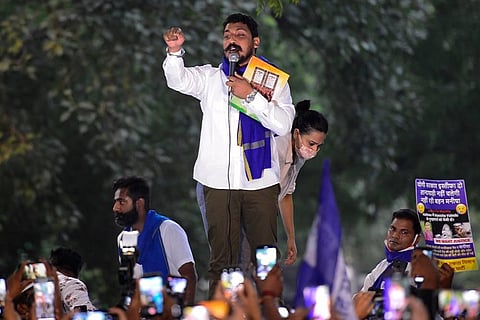 Bhim Army chief Chandrashekhar Azad with Bollywood actress Swara Bhaskar gesture as they participate in a protest against the Hathras gang rape. (Photo | Parveen Negi/EPS)