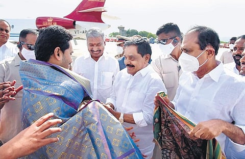 Deputy CM K Narayana Swamy, minister Peddireddy Ramachandra Reddy and others receive CM YS Jagan Mohan Reddy at Tirupati airport on Wednesday. (Photo | EPS)