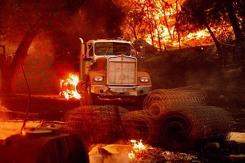 Flames from the Glass Fire burn a truck in a Calistoga, Calif., vineyard Thursday, Oct. 1, 2020. (Photo | AP)