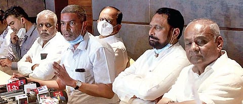 Deputy Chief Minister Laxman Savadi, KMF Chairman and MLA Balachandra Jarkiholi and others address a press meet in Belagavi on Thursday