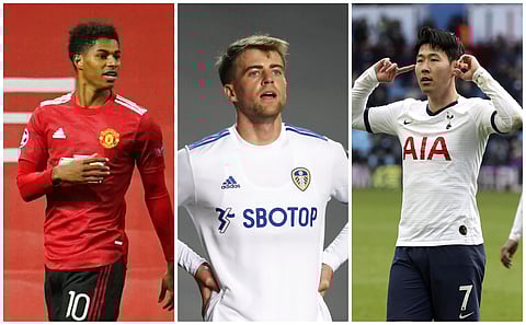 Manchester United forward Marcus Rashford (L), Leeds United striker Patrick Bamford (C) and Tottenham Hotspur attacker Son Heung-min (Photos | AP)