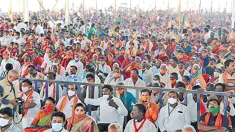 A large number of people participate in the BJP rally held in Sira where Chief Minister B S Yediyurappa campaigned for the party candidate